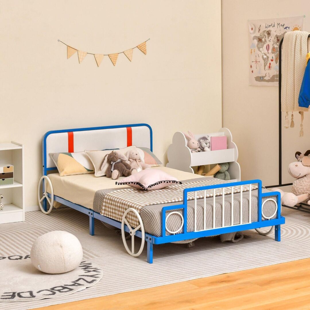 Single Size Kids Bed Frame Car Shaped Platform Metal Bed Base w
