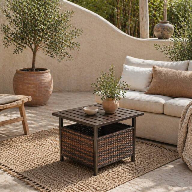 Wyld Haus Lalema Brown Square Rattan Outdoor Coffee Table Umbrella Hole and - image 1