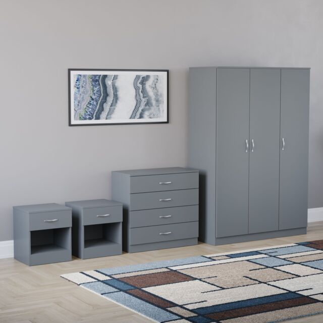 Home Discount Riano 4Pc Bedroom Set 4 Drawer Chest 3 Door Wardrobe Storage Furniture in Grey - image 1