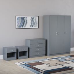 Home Discount Riano 4Pc Bedroom Set 4 Drawer Chest 3 Door Wardrobe Storage Furniture in Grey - thumbnail 1