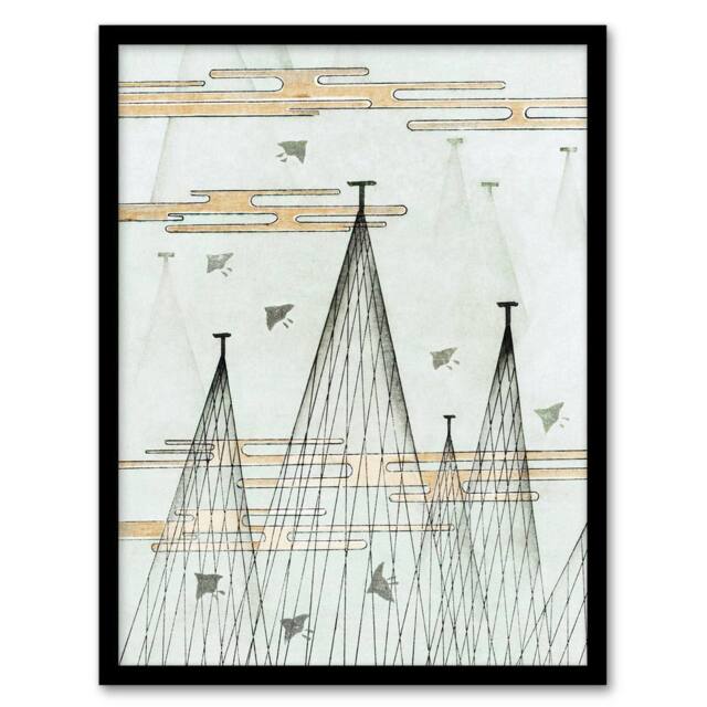 Artery8 Skyscape Birds Flying Vintage Japan Framed Wall Art Print Bijutsukai in Blue - Size: A4 - image 1