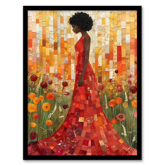 "Artery8 Wildflower Meadow Woman Flower Mosaic Collage Framed Art Print in Orange - Size: W12"" x H16""" - image 1
