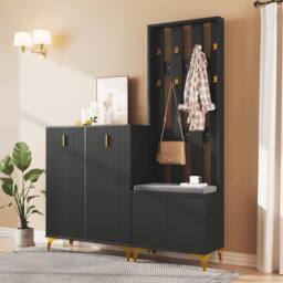 Merax Hallway Storage Set with Shoe Bench & Cabinet in Black