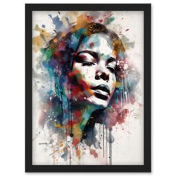 Artery8 Woman with Synesthesia Listening to Music Modern Paint Splatter Painting Artwork Framed Wall Art Print A4 in Black - thumbnail 1