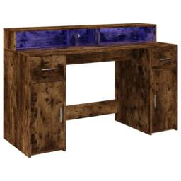 Berkfield Home Soft Desk with LED Lights Smoked Oak 140x55x91 cm Engineered Wood in Brown - Size: 140 x 55 x 91 cm - thumbnail 1