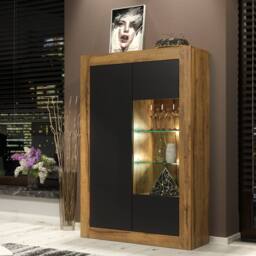 Mex Furniture LTD Display Cabinet Arcadia 140cm - Dark Oak with Black Matt Doors + LED in Brown - thumbnail 1