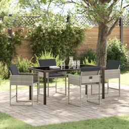 Berkfield Home 5 Piece Garden Dining Set with Cushions Light Grey Poly Rattan - thumbnail 1