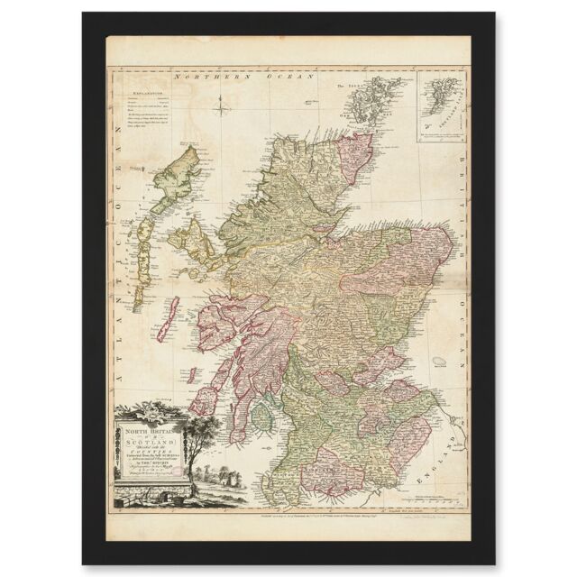 Artery8 Kitchin 1778 Map Scotland Counties North Britain Artwork Framed Wall Art Print A4 in Black - image 1