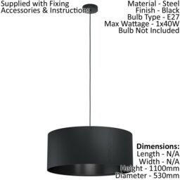 Loops Pendant Ceiling Light Colour Black Shade Large Round Black Fabric Bulb E27 1x40W - thumbnail 2