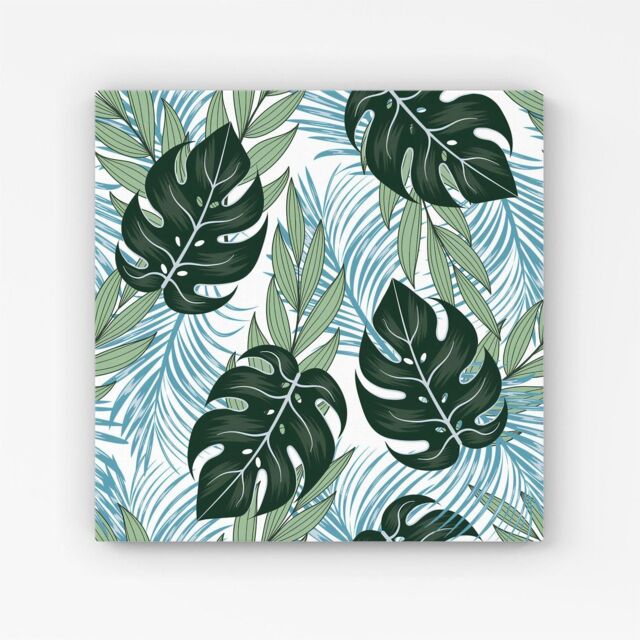 "Warren Reed - Designer Tropical Pattern With Bright Plants & Flowers Canvas in Green - Size: W30"" x H30""" - image 1