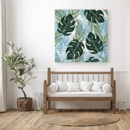 "Warren Reed - Designer Tropical Pattern With Bright Plants & Flowers Canvas in Green - Size: W30"" x H30""" - thumbnail 3