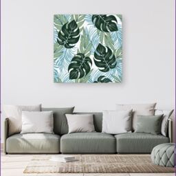 "Warren Reed - Designer Tropical Pattern With Bright Plants & Flowers Canvas in Green - Size: W30"" x H30""" - thumbnail 4