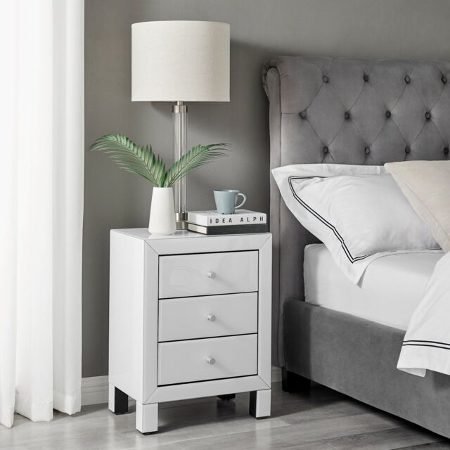 FurnitureboxUK Lexi Large Wooden Bedside Table with 3 Drawers & a Modern Mirrored Finish in White - image 1