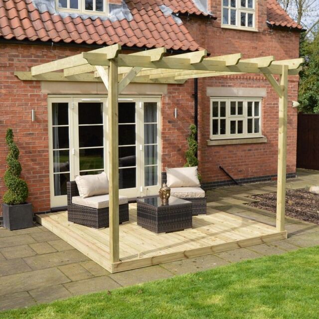 Rutland County Garden Furniture Ltd Wall Mounted Garden Pergola & Decking Kit, L420 x W420 cm, Brown in Green - image 1