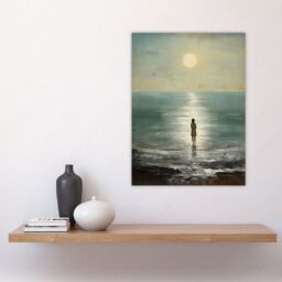 Artery8 Looking Out To Sea Oil Painting Alone At The Water Shore Moonlit Beach Seascape Large Wall Unframed Art Poster Print Thick Paper 18X24 Inch - thumbnail 4