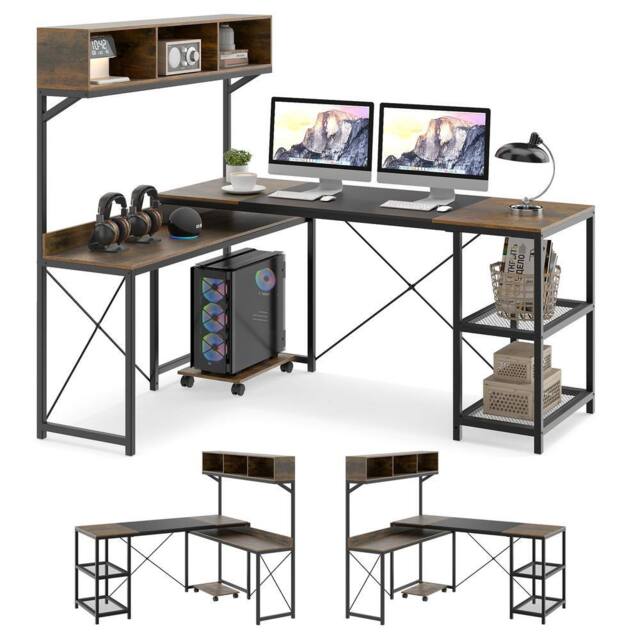 Costway L-Shaped Computer Desk Reversible Corner Workstation w/ Storage Hutch in Dark Brown - image 1