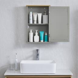 EONLION Bathroom Mirrored Wall Cabinet Wooden Storage Cupboard with Shelf in Grey - thumbnail 3