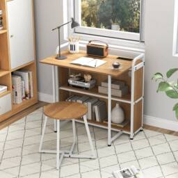 VOGREX 90cm Computer Desk & Stool Set with Storage Shelves in Natural - thumbnail 3