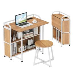 VOGREX 90cm Computer Desk & Stool Set with Storage Shelves in Natural