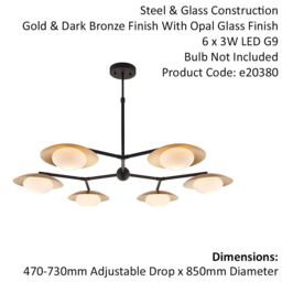 Loops Gold & Bronze Semi Flush 6 Bulb Ceiling Light - Pebble Shaped Opal Glass Shades in Clear - thumbnail 2