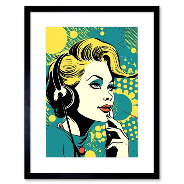 "Artery8 Wall Art Print Retro 1950's Woman Telephone Headset Comic Book Style Blue Yellow Hello Portrait Artwork Framed 9X7 Inch - Size: W7"" x H9""" - image 1