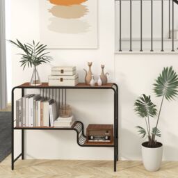 Costway Console Table Entryway Table with Storage Shelf & Metal Frame-Coffee in Walnut - thumbnail 5