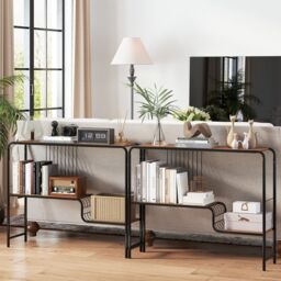 Costway Console Table Entryway Table with Storage Shelf & Metal Frame-Coffee in Walnut - thumbnail 6