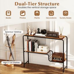 Costway Console Table Entryway Table with Storage Shelf & Metal Frame-Coffee in Walnut - thumbnail 3