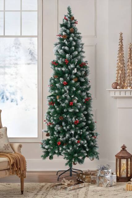 Living and Home Snow Flocked Christmas Tree with Pine, Berries & Foldable Metal Stand - Size: Large - image 1