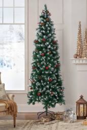 Living and Home Snow Flocked Christmas Tree with Pine, Berries & Foldable Metal Stand - Size: Large - thumbnail 1
