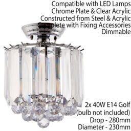 Loops Flush Ceiling Mount Light Chrome & Acrylic 2x Lamp Bulb Classic Hanging Fitting - thumbnail 2