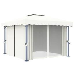 Berkfield Home Gazebo with Curtain&LED String Lights 3x3 m Cream White in Beige - thumbnail 5