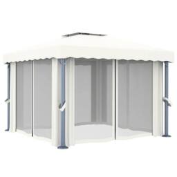 Berkfield Home Gazebo with Curtain&LED String Lights 3x3 m Cream White in Beige - thumbnail 6