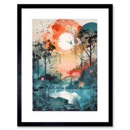 "Artery8 Wall Art Print Lakeside Forest Landscape Peaceful Sunrise Morning Modern Watercolour Painting Artwork Framed 9X7 Inch - Size: W7"" x H9""" - thumbnail 1