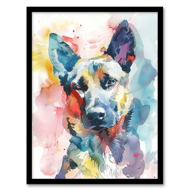 "Artery8 Alsatian German Shephard Dog Lover Watercolour Framed Art Print - Size: W12"" x H16""" - image 1
