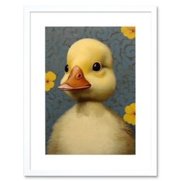 "Artery8 Wall Art Print Duckling with Flowers Oil Painting Kids Bedroom Baby Nursery Duck Artwork Framed 9X7 Inch in White - Size: W7"" x H9""" - thumbnail 1