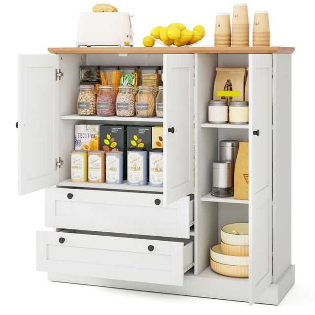 Costway 120cm Kitchen Pantry Freestanding Storage Cabinet w/ 3 Doors in White - image 1