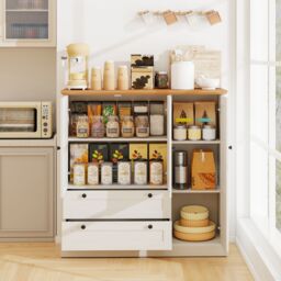 Costway 120cm Kitchen Pantry Freestanding Storage Cabinet w/ 3 Doors in White - thumbnail 3