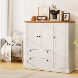 Costway 120cm Kitchen Pantry Freestanding Storage Cabinet w/ 3 Doors in White - thumbnail 4