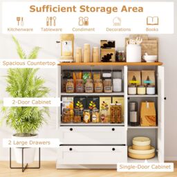 Costway 120cm Kitchen Pantry Freestanding Storage Cabinet w/ 3 Doors in White - thumbnail 5