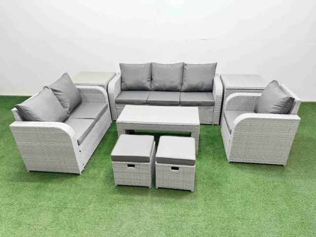 Fimous Patio PE Wicker 8 Seater Outdoor Rattan Furniture Sofa Sets w/ Oblong Coffee Table Reclining Chair Loveseat Sofa 3 Seater Sofa Stool 2 Side - image 1