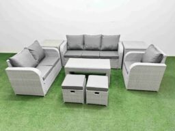Fimous Patio PE Wicker 8 Seater Outdoor Rattan Furniture Sofa Sets w/ Oblong Coffee Table Reclining Chair Loveseat Sofa 3 Seater Sofa Stool 2 Side - thumbnail 2