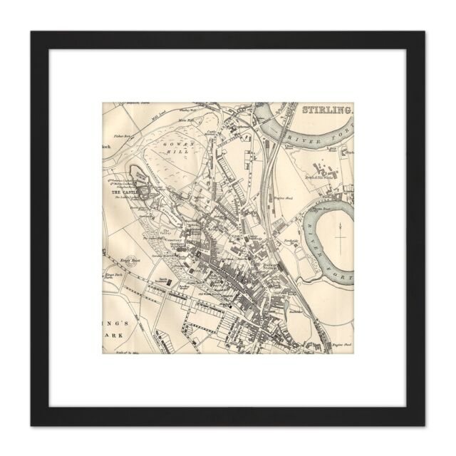 Artery8 Map 1888 Bartholemew Stirling City Scotland Plan 8X8 Inch Square Wooden Framed Wall Art Print Picture with Mount in Black - image 1
