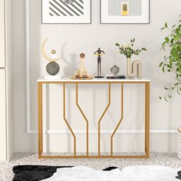 Costway Modern Console Table Faux Marble Narrow Entryway Hallway Table Accent Desk 110cm in White - thumbnail 4