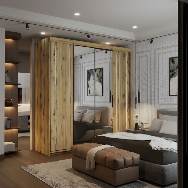 Sliding Wardrobes 4U Modern Double Sliding Wardrobe with LED Light W150cm x H217cm x D62cm in Light Oak - image 1