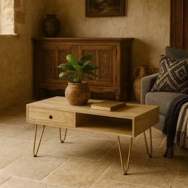 Wyld Haus Bali Mango Wood Coffee Table Light Natural Finish Gold Inlays in Brown - image 1