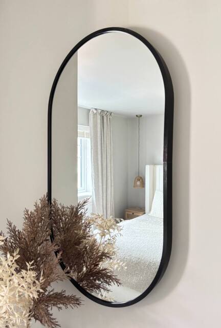 Downton Interiors Black Modern Metal Frame Oval Wall Mirror - 70cm - Size: Large - image 1