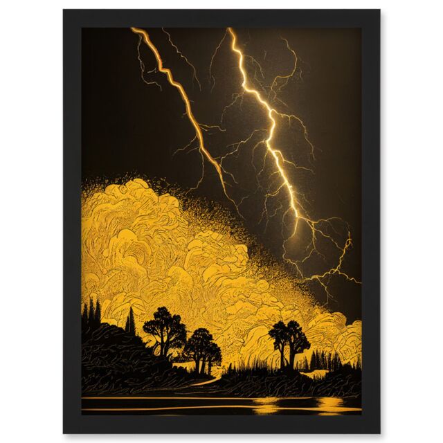 Artery8 Gold & Black Thunder Storm with Bright Lightning at Lakeside Tree Silhouette Artwork Framed Wall Art Print A4 - image 1