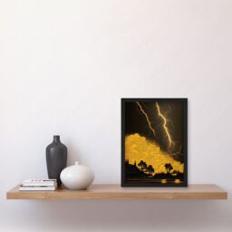 Artery8 Gold & Black Thunder Storm with Bright Lightning at Lakeside Tree Silhouette Artwork Framed Wall Art Print A4 - thumbnail 2