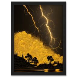 Artery8 Gold & Black Thunder Storm with Bright Lightning at Lakeside Tree Silhouette Artwork Framed Wall Art Print A4 - thumbnail 1